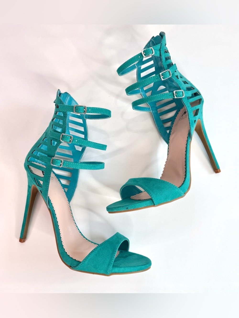 MADISON Teal Cage 3 Buckle Faux Suede Stiletto Open Toe Heels Size 9 - Picture 3 of 16